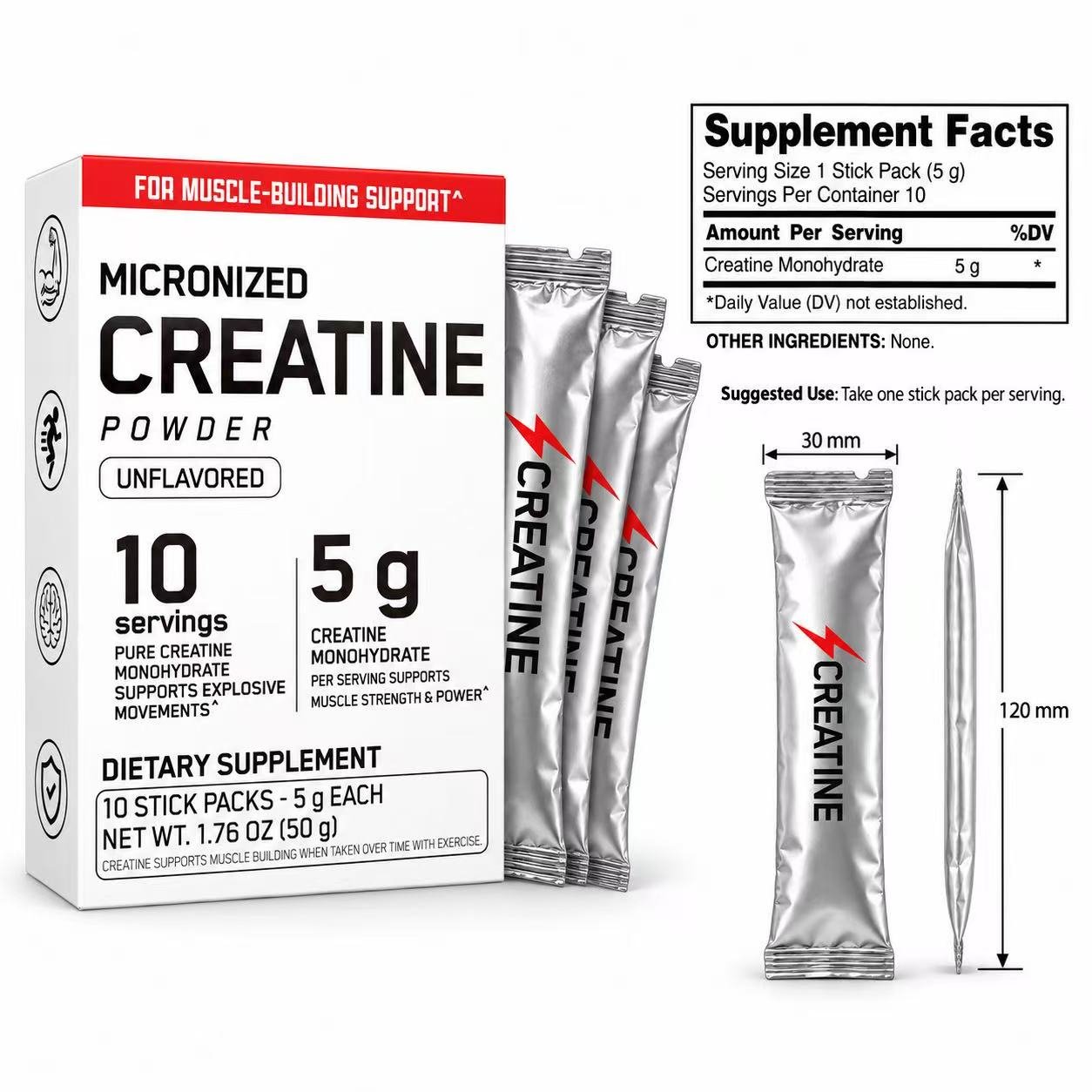 Custom creatine powder stick packs and private label packaging