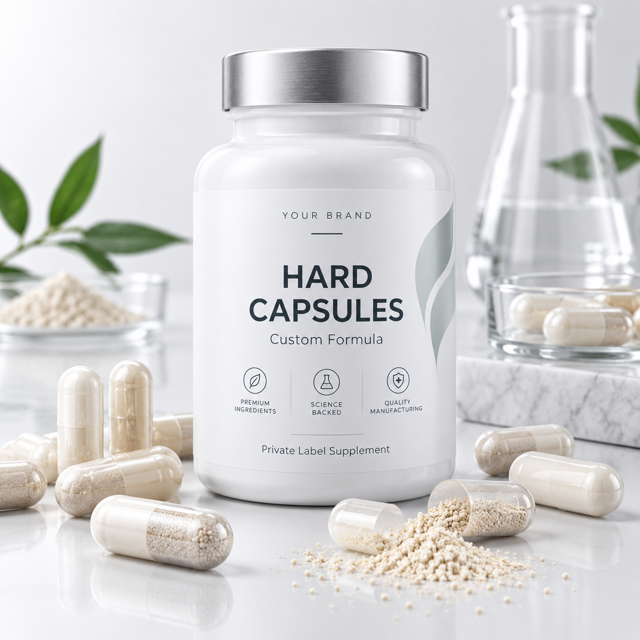 Custom hard capsule supplement bottle with capsule products for B2B manufacturing