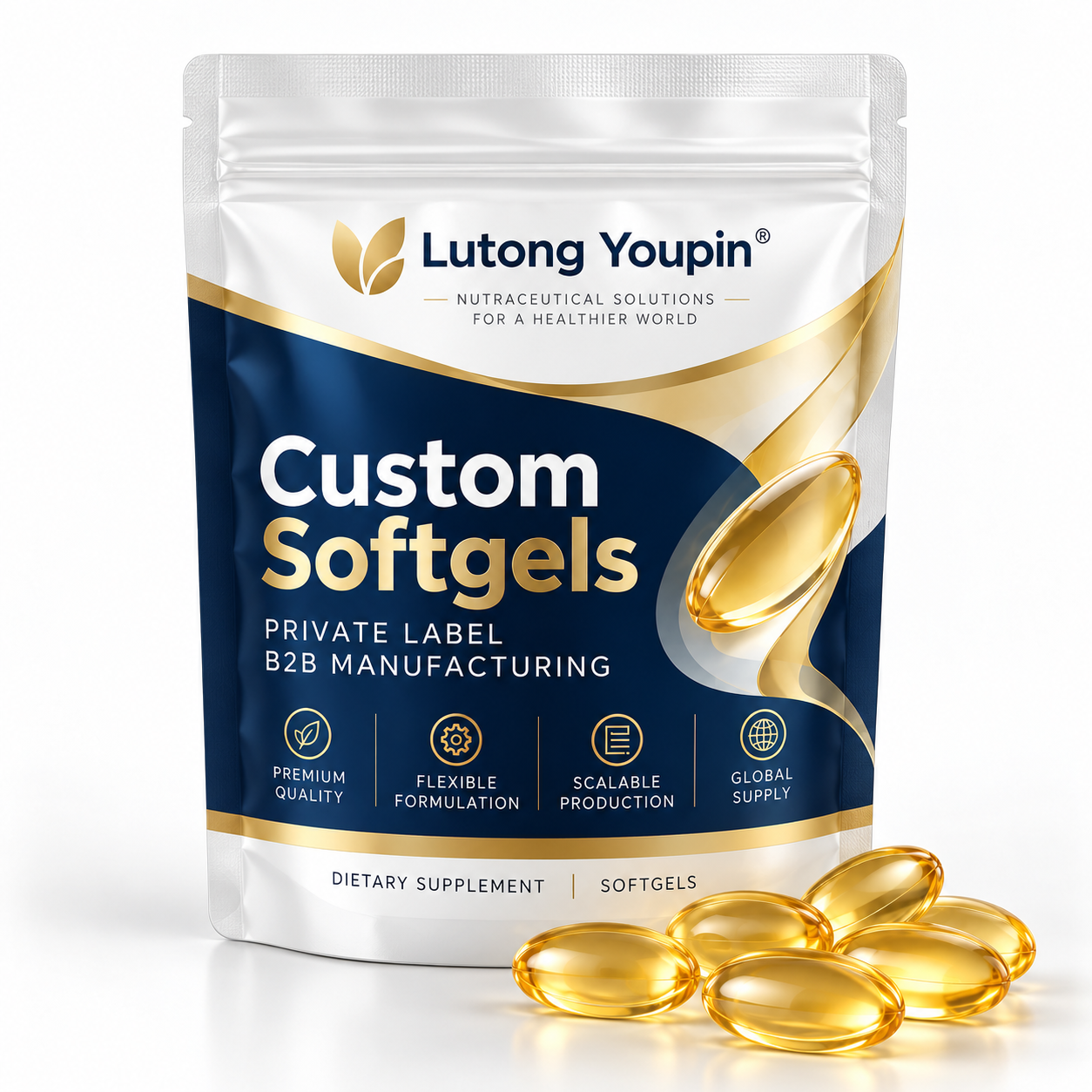Custom pouch packaging for softgel supplements