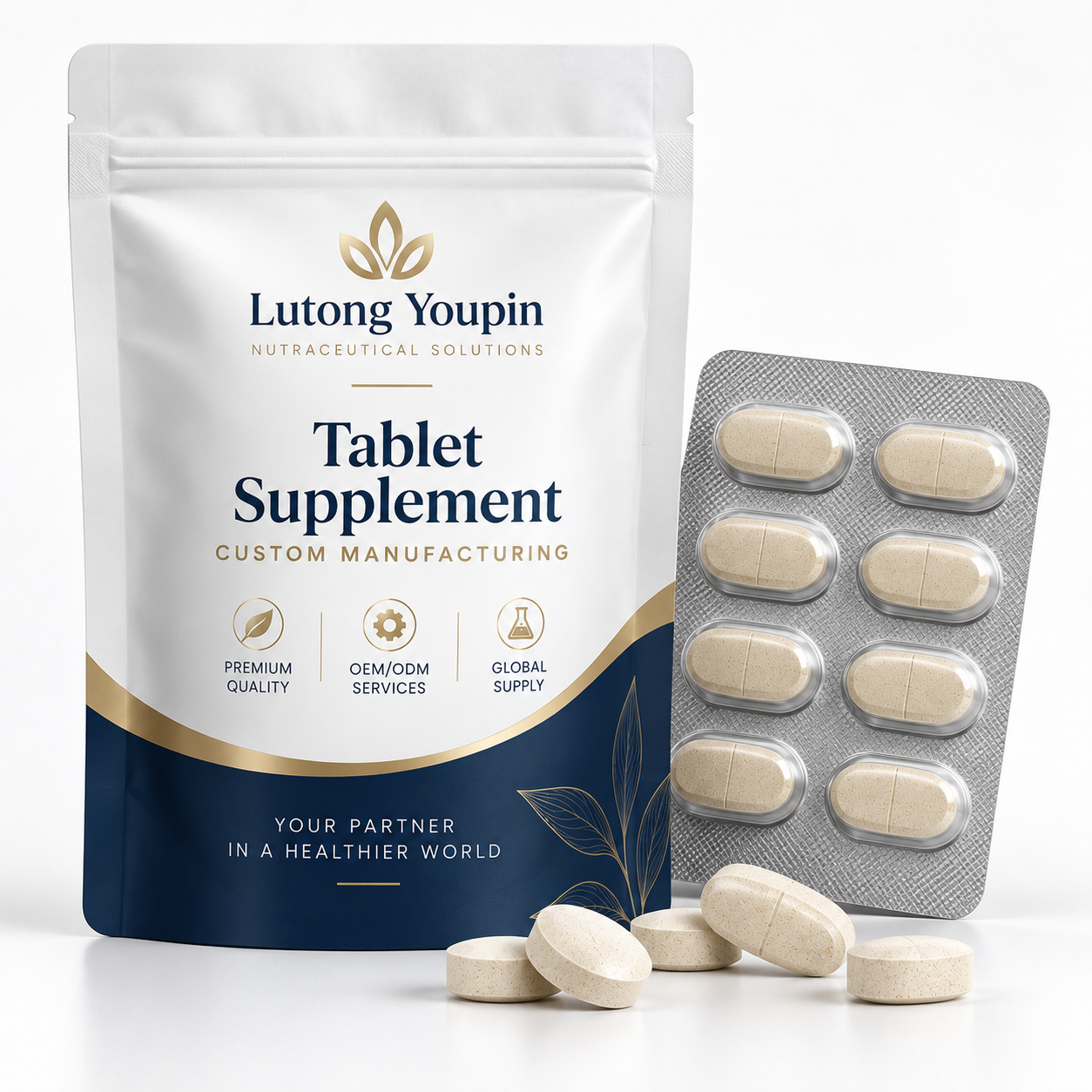 Custom blister and pouch packaging for tablet supplements